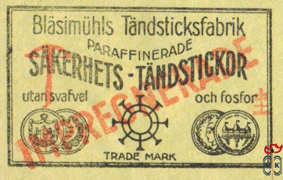 SAKERHETS-TANDSTICKOR Blasimuhls Tandsticksfabrik utan svafvel och fos