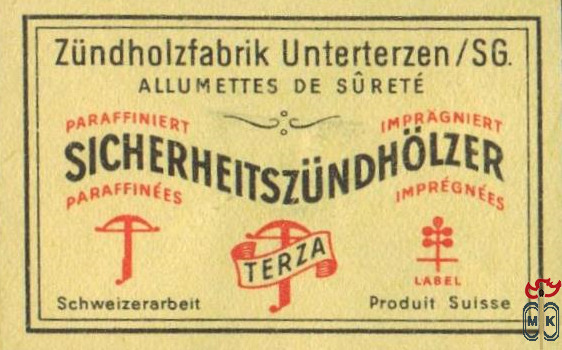 SICHERHEITSZUNDHOLZER Zundholzfabrik Unterterzen/SG. Allumettes de sur