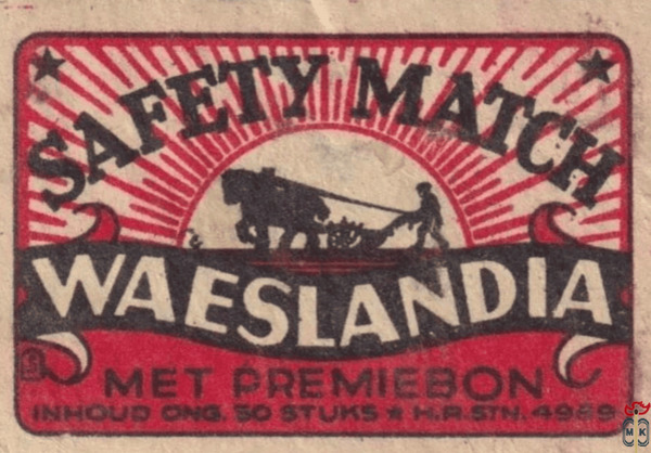 Waeslandia safety match met premiebon inhoud ong. 30 stuks h.r.sth. 49