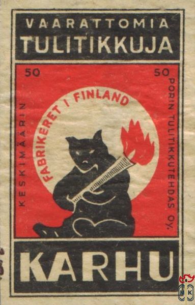 Karhu Vaarattomia Tulitikkuja Keskimaarin Porin Tulitikkutehdas Oy. Fa