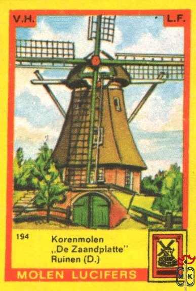 Korenmolen "De Zaandplatte" Ruinen (D.) Molen lucifers v.h.