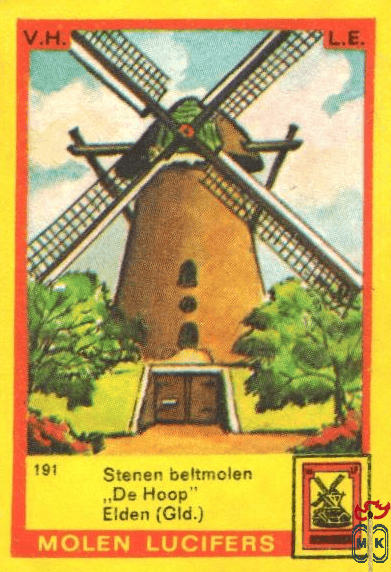Stenen beltmolen "De Hoop" Elden (Gld.) Molen lucifers v.h.