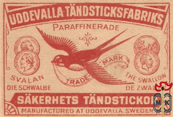 Uddevalla TAndsticksfabriks paraffinerade svalan die schwalbe trade ma