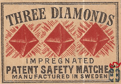 Three Diamonds impregnated patent safety match manufactured in Sweden