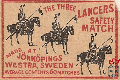 The Three Lancers safety match made at Jonkopings Westra, Sweden avera