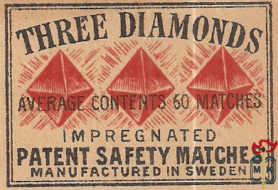 Three Diamonds average contents 60 matches impregnated patent safety m