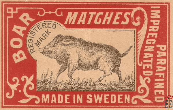 Boar registered mark parafined impregnated matches made in Sweden
