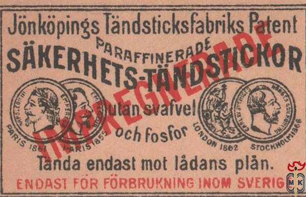 Jonkopings Tandsticksfabriks Patent sakerhets- tandstickor paraffinera