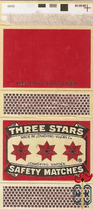 Three Stars safety matches made by Jonkoping Vulcan Co. Jonkoping, Swe