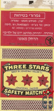Three Stars safety matches made by Jonkoping Vulcan Co. Jonkoping, Swe